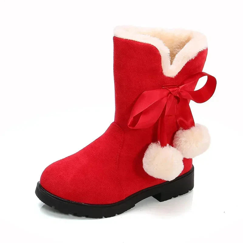 Girls winter snow boots by SHOWLU FASHION STORE, suede mid-calf fur-lined boots with bowtie detail.