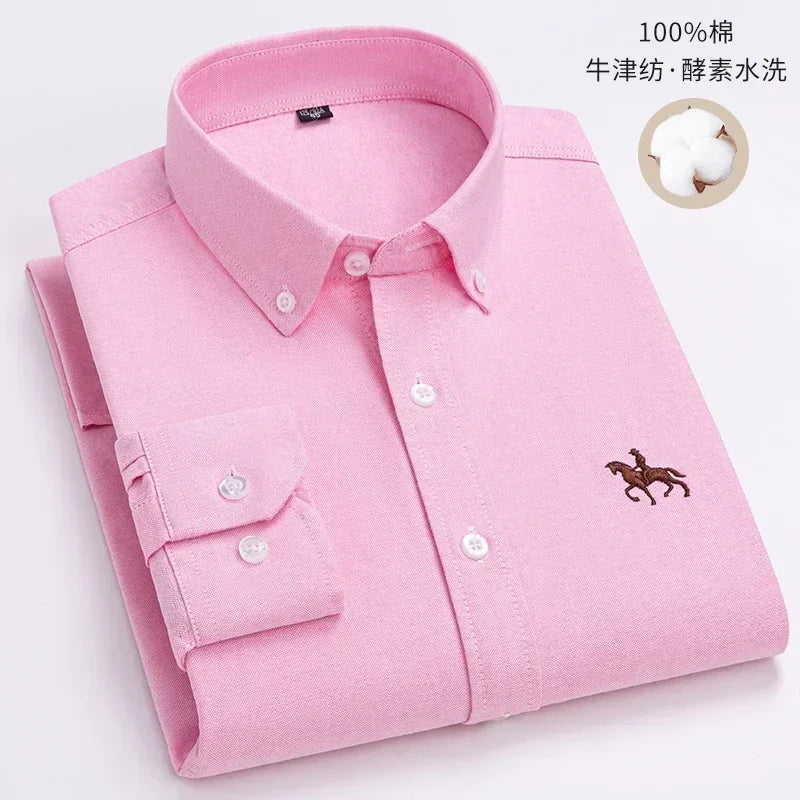 White men's casual cotton oxford shirt with long sleeves, embroidery horse design, regular fit, button-up dress shirt by Showlu Fashion