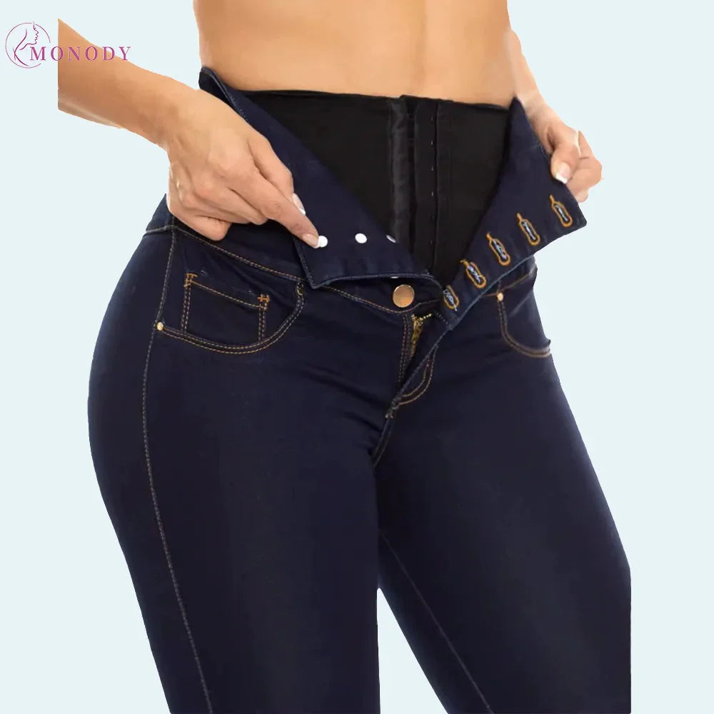 SHOWLU Women's high waist butt lifting skinny jeans with internal girdle, showcasing a fitted denim style and flattering silhouette.