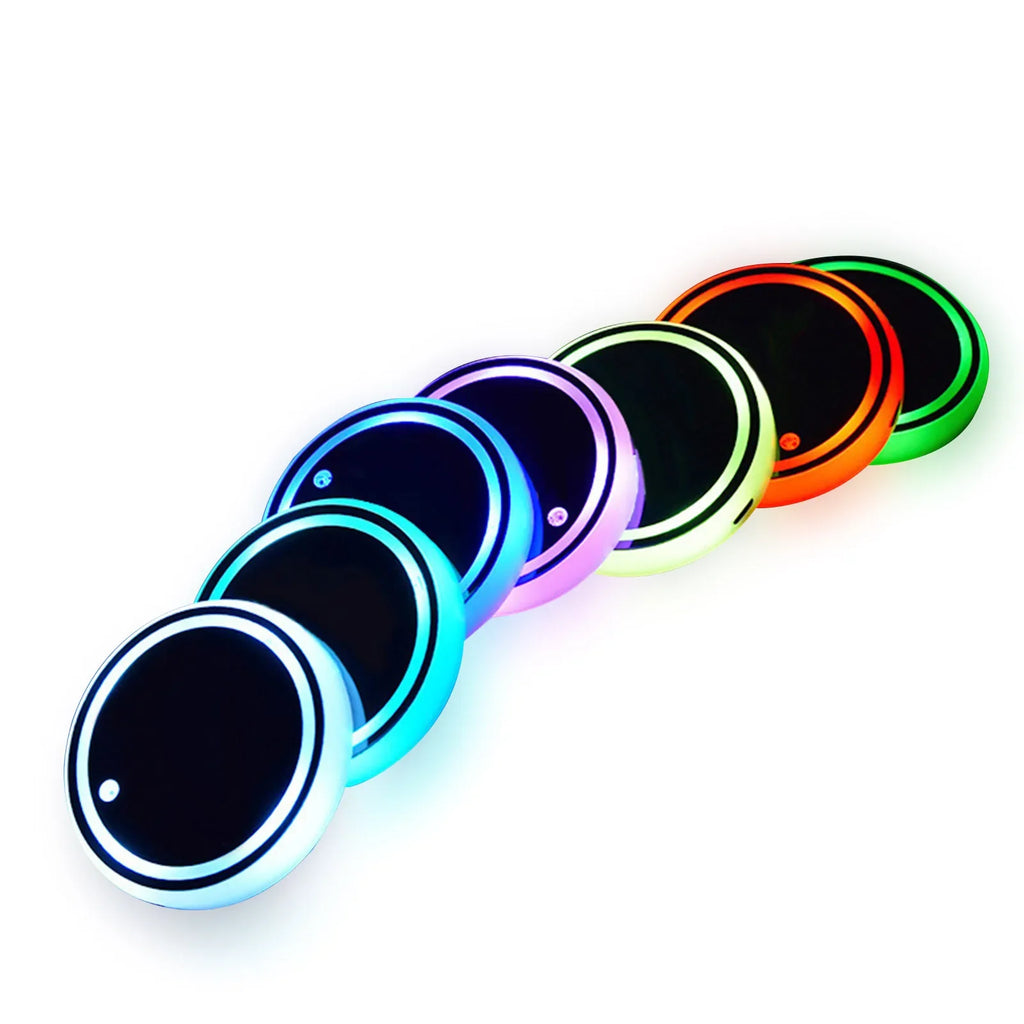 Showlu Smart LED cup holder light pad USB 5V ambient light installed in a car cup holder, illuminating the interior softly.
