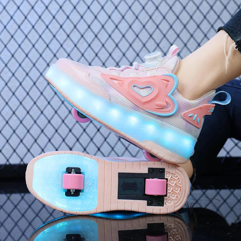 Kids LED roller skate shoes by SHOWLU with luminous soles and USB charging, stylish sneakers for active kids.