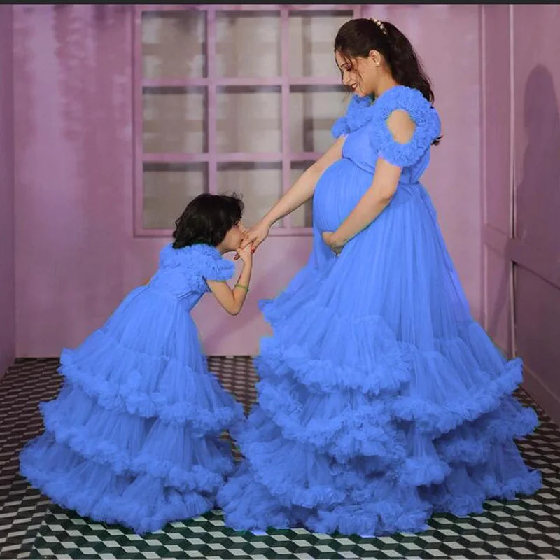Showlu Fashion Puffy mother and daughter tulle prom dresses with ruffles and tiered mesh for baby shower and pregnant women.