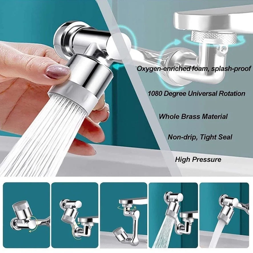 Showlu Brass 1080 Swivel Faucet Extender with universal 2-mode aerator, shown attached to a modern kitchen faucet.