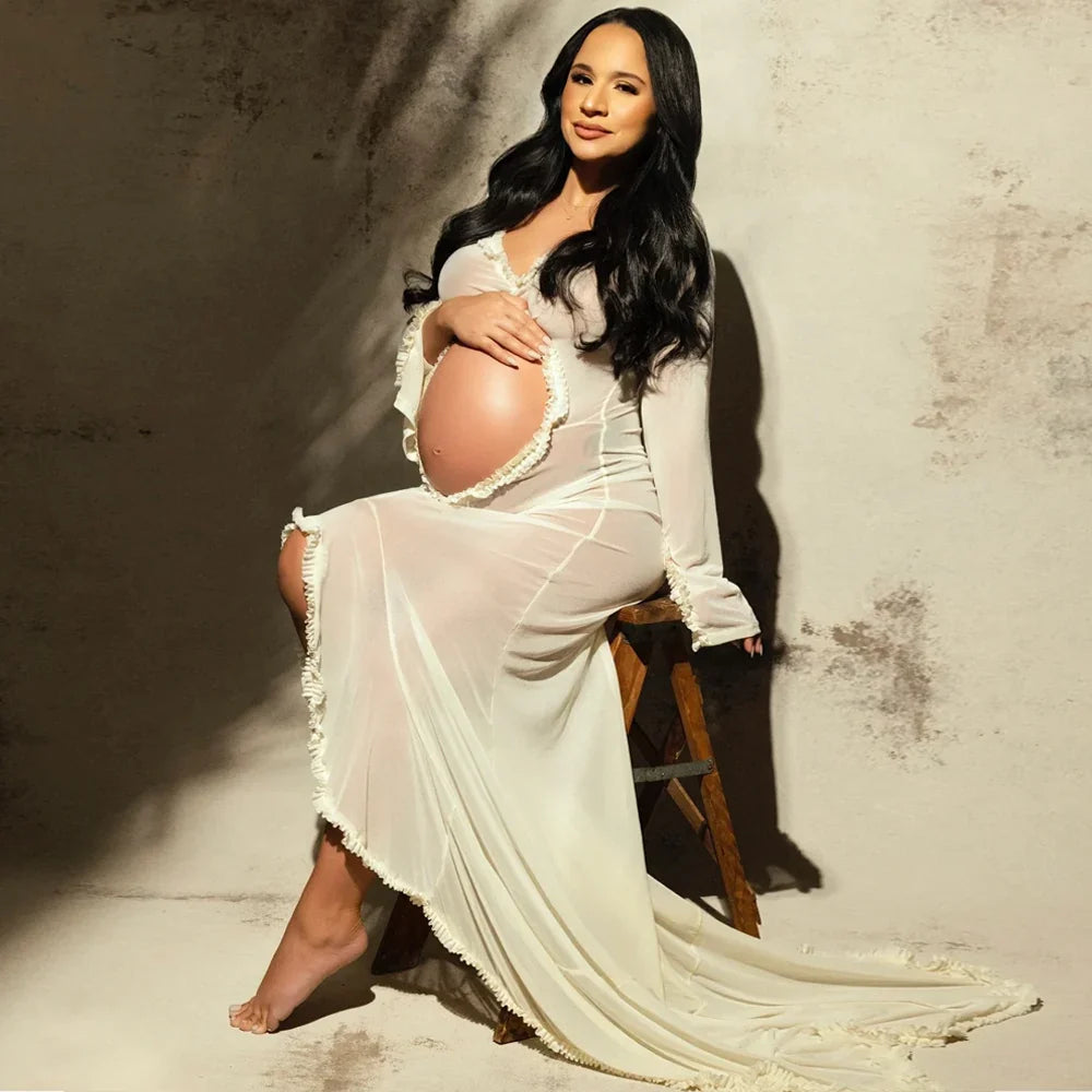 Showlu maternity sheer lace ruffle ruched dress with sexy slit, elegant maternity gown featuring delicate lace details and flowing fabric.