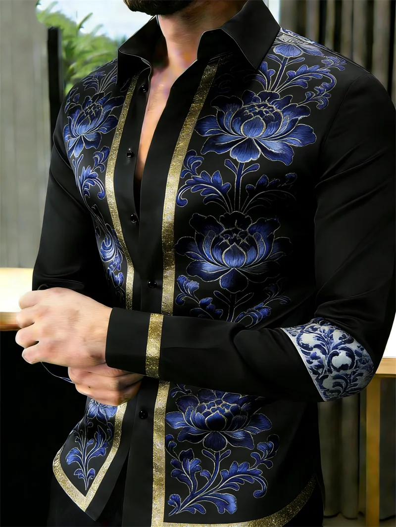 Men's long sleeve floral 3D printed shirt by Showlu Fashion, featuring vibrant colors and casual lapel design.