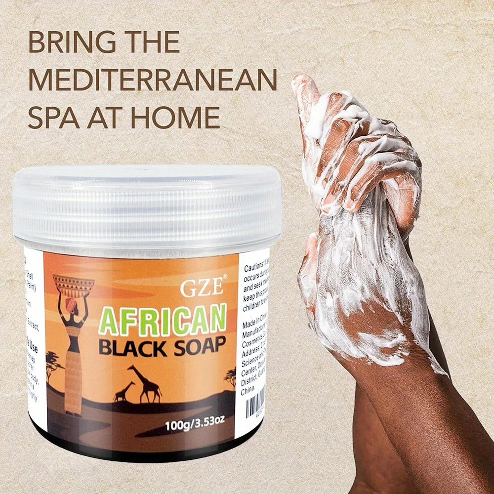 African Black Soap GZE by Showlu Fashion Store, 3-in-1 cleanser for face, hair, and body with natural ingredients and moisturizing benefits.