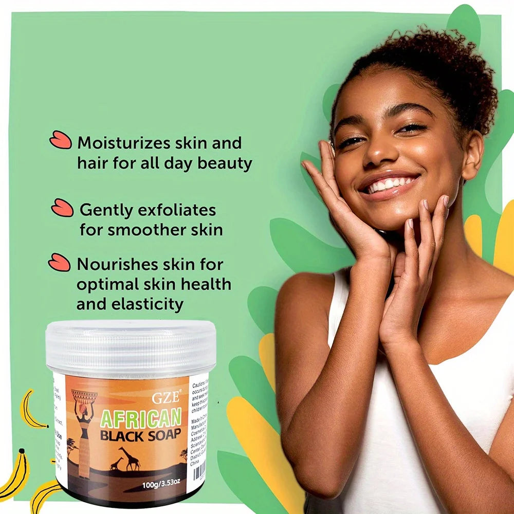 African Black Soap GZE by Showlu Fashion Store, natural 3-in-1 cleanser for face, hair, and body with deep cleansing and moisturizing.