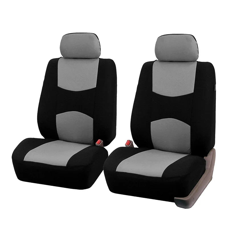 Two black and gray polyester car seat covers with headrests shown against a white background.