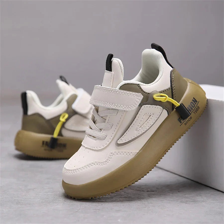 White leather kids' sneakers by SHOWLU FASHION STORE, breathable unisex casual sports shoes with comfortable design.
