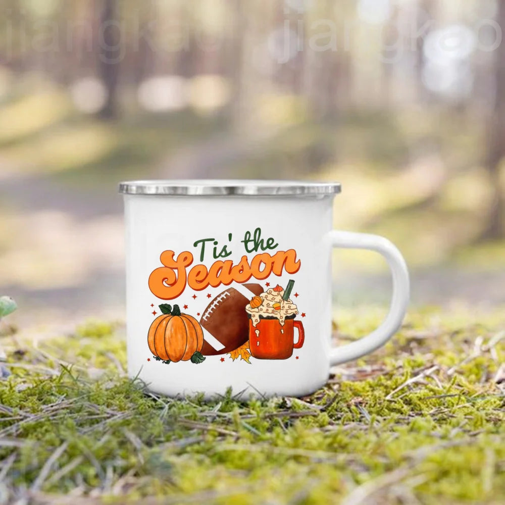 Showlu Pumpkin Spice Jesus Christ enamel mug with fall-themed design, perfect for camping and coffee enjoyment
