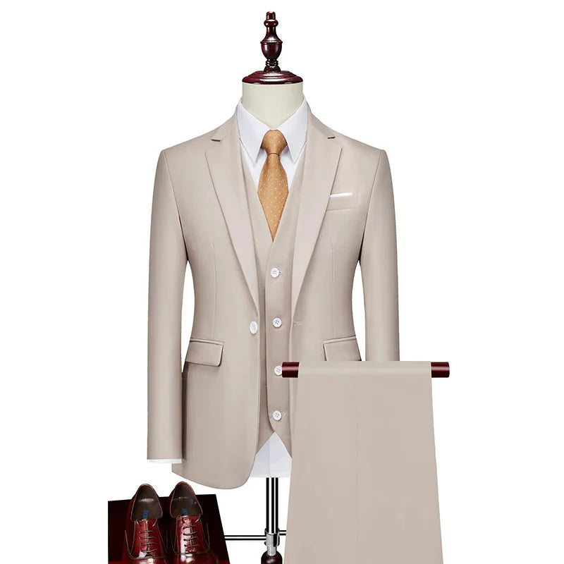 SHOWLU Men's pink three-piece wedding suit with slim fit design, suitable for business casual occasions, showcased on a model.
