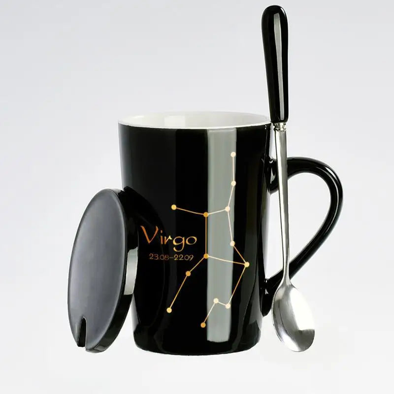 Black Showlu 12 Zodiac Signs ceramic coffee mug with lid and spoon, featuring zodiac symbols and a sleek design.