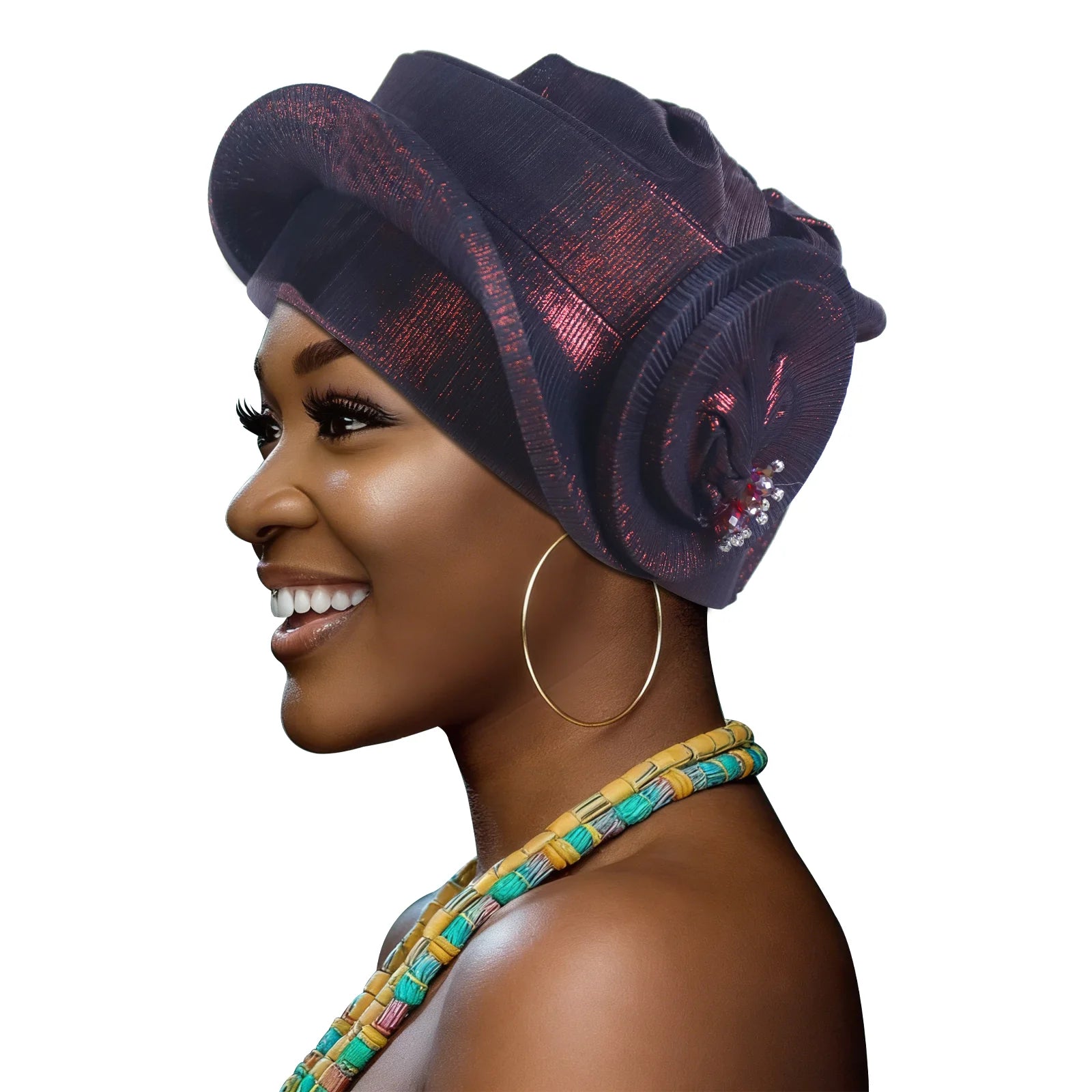 Nigerian headtie in vibrant yellow and black fabric, styled for elegance and versatility, by Showlu Smart General.