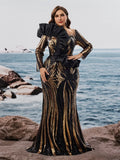 Showlu Fashion Plus Size luxury ruffled sequin evening gown with long sleeves, mermaid silhouette, perfect for formal weddings and parties.