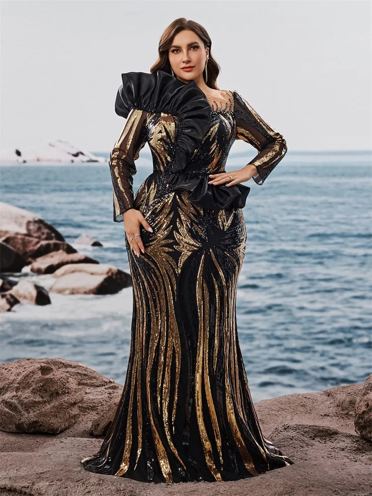 Showlu Fashion Plus Size luxury ruffled sequin evening gown with long sleeves, mermaid silhouette, perfect for formal weddings and parties.