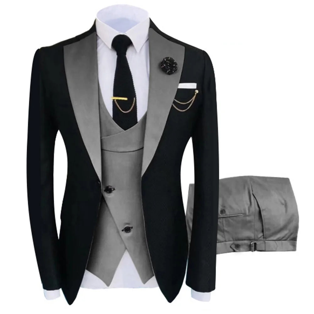 Elegant men's tuxedo suit with jacket, trousers, and vest from Showlu Fashion, suited for parties, weddings, and formal events.