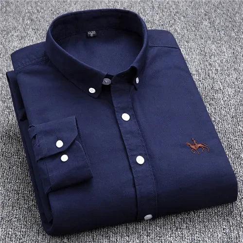 White men's long sleeve cotton Oxford shirt with embroidery horse design, regular fit, fashion button-front casual dress shirt.