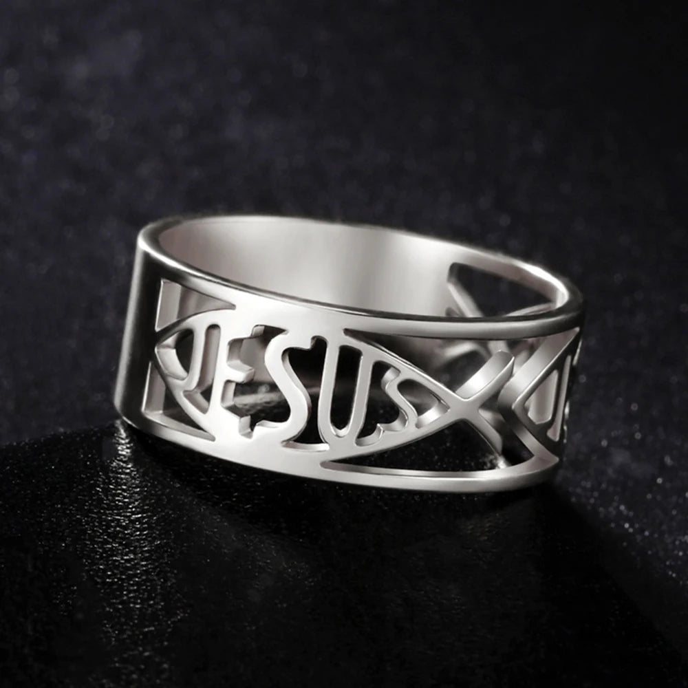 Stainless steel My Shape Jesus Fish ring featuring Christian religious symbol, showcasing detailed craftsmanship and sleek design.