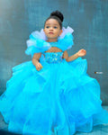Blue flower girl dress with tulle ruffles and a ball gown style, designed for pageants, by SHOWLU FASHION STORE.