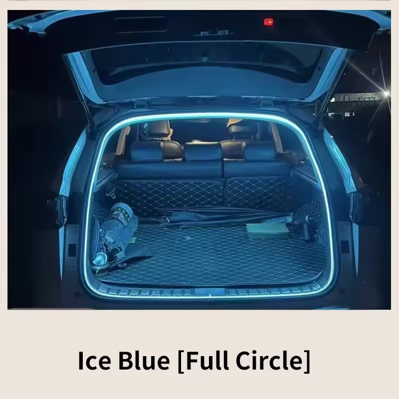 LUMERIS Motion Sensor LED Car Trunk Light Strip showing ambient lighting inside a car trunk with motion detection feature.