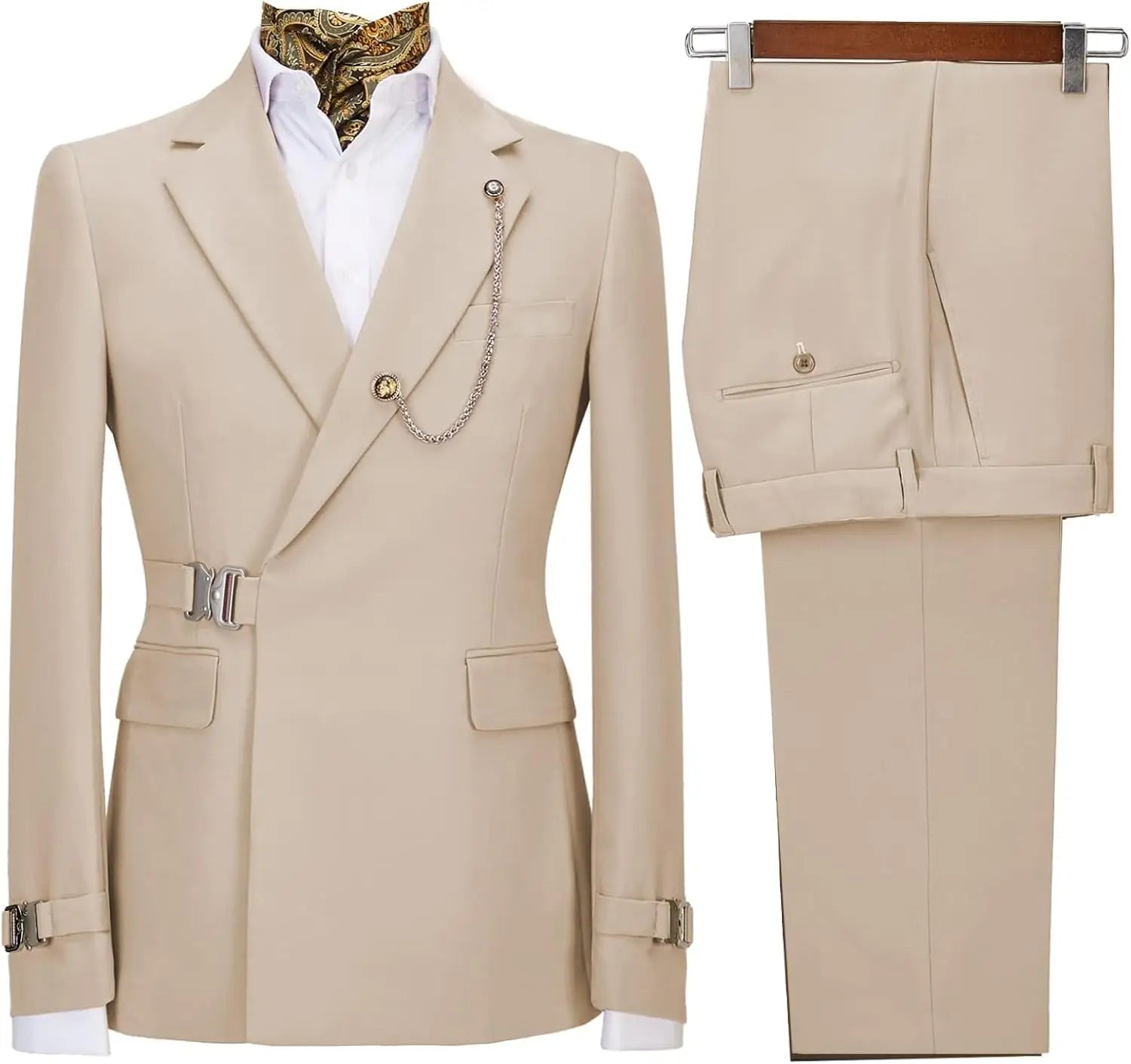 Men's slim fit 2-piece suit with metal clasp, stylish business casual tuxedo, featuring a tailored jacket and matching trousers.