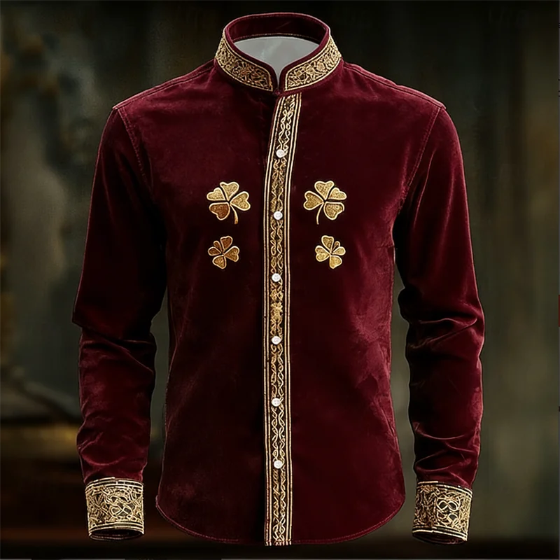 Men's floral long-sleeved shirt with gold 3D clover print, stylish and luxurious Showlu Fashion long-sleeve shirt top.