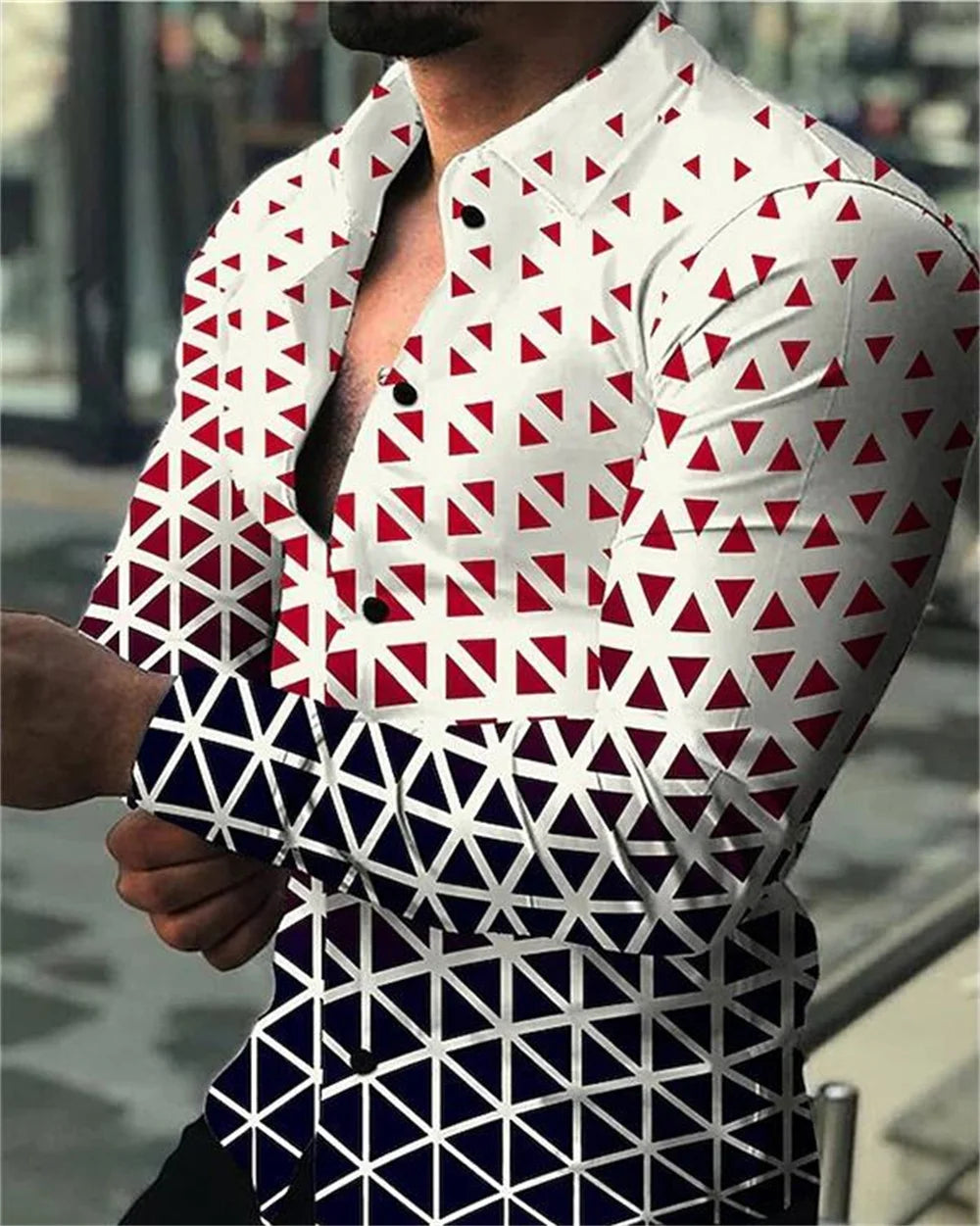 Men's casual long-sleeve button-up shirt with designer print, spring 2023 fashion, from Showlu Fashion Store.