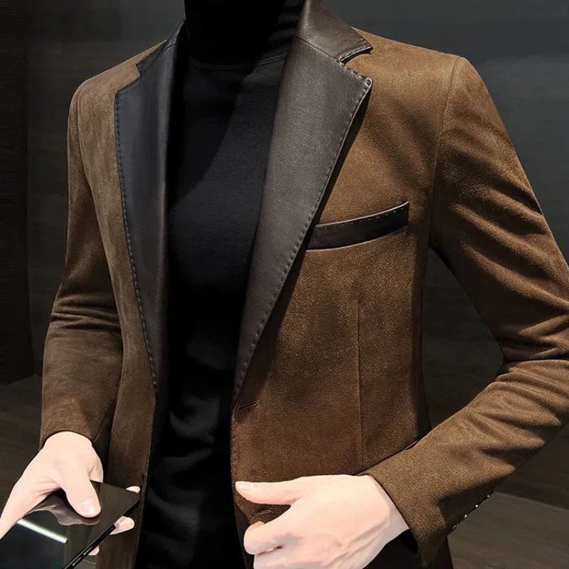 Men's long sleeve blazer by Showlu Fashion with turn-down collar, patchwork design, deer skin look, and Korean-style pockets.
