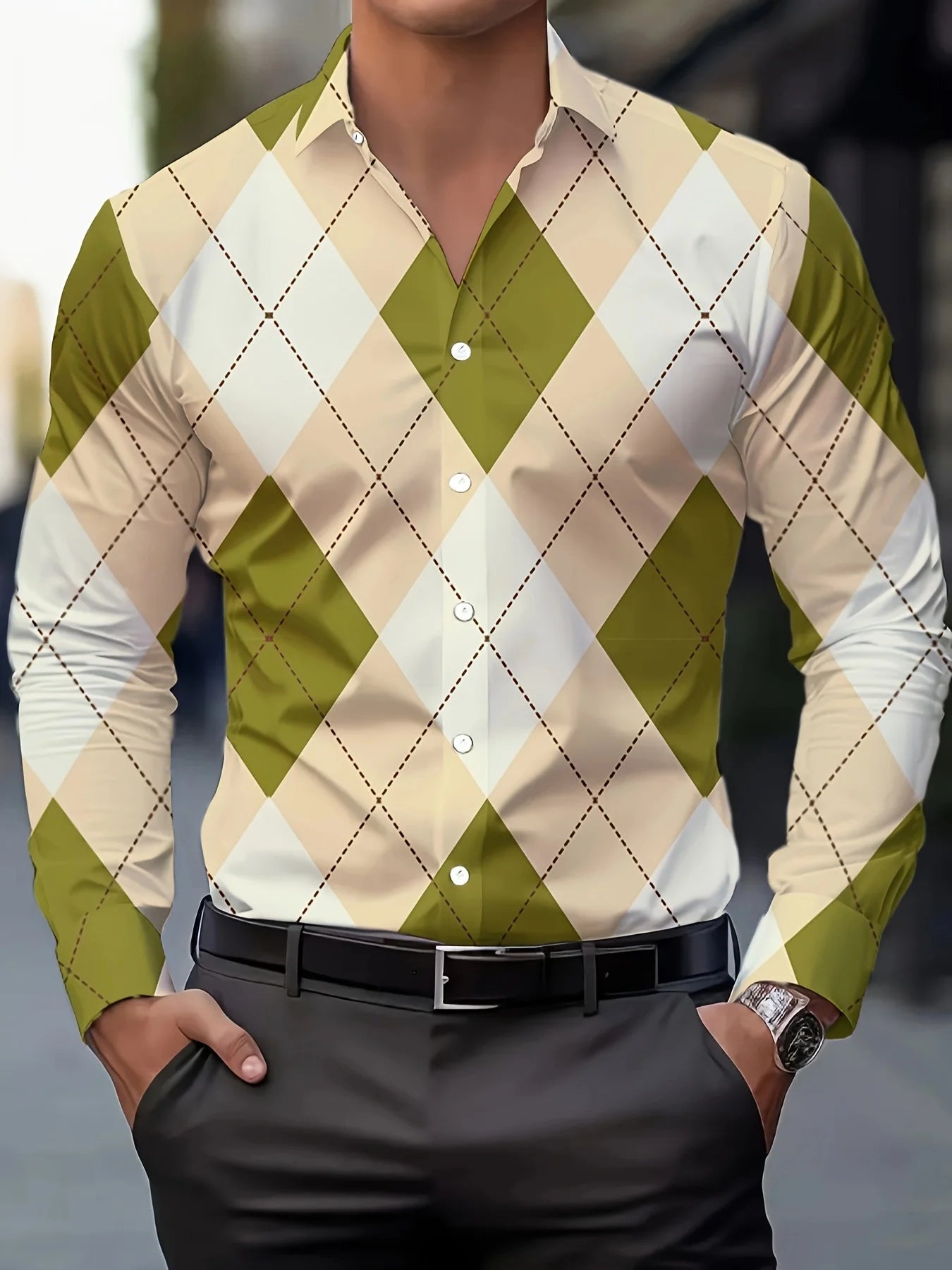 Men's stylish casual long sleeve shirt by Showlu Fashion with breathable fabric, gradient design, turn-down collar, ideal for business or casual wear.