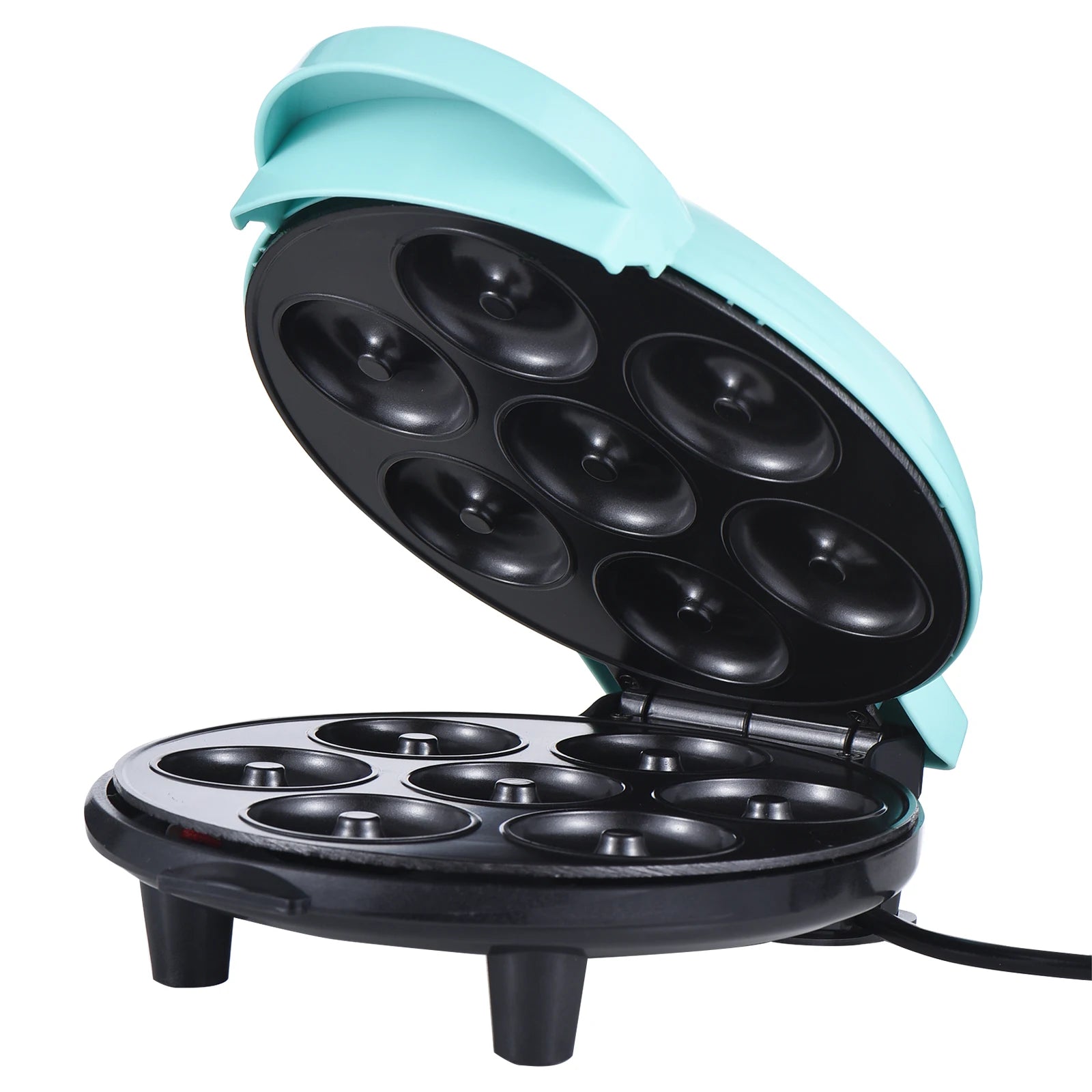 Showlu Smart General Homgeek 7-Hole Mini Donut Maker with 700W power, showing the compact appliance and freshly made mini donuts