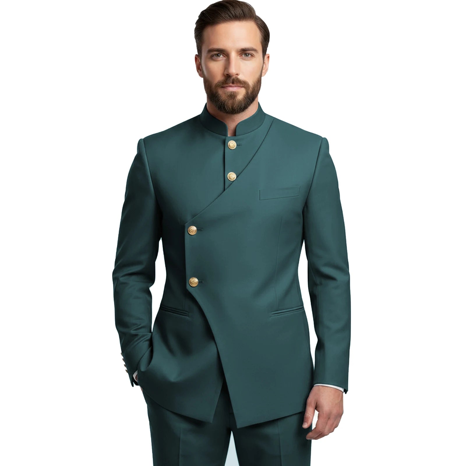 Chinese Suit Men 2 Piece Tunic Suits Slim Fit Safari Suits for Men Mandarin Collar Suit Blazer Pants Set
