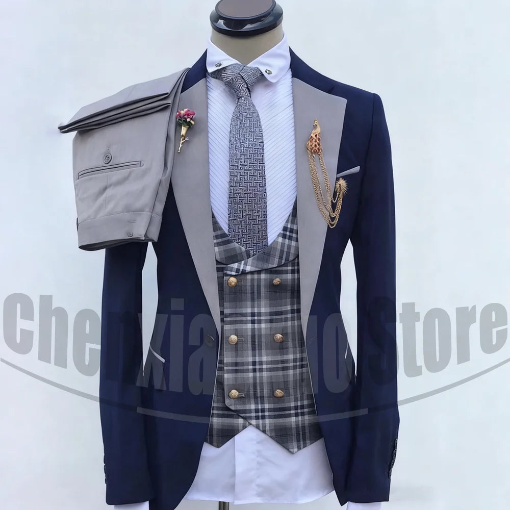 Men's Suit Set Three Piece Chic Notch Lapel One Button Outfit Fashion Smart Casual Slim Fit Formal Wedding Party Male Suit