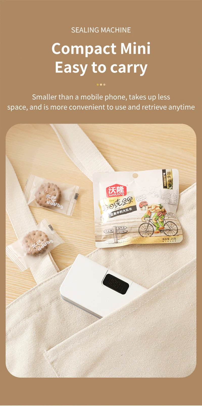 Showlu Smart General mini bag sealer in use, sealing plastic bags to keep food fresh and airtight.