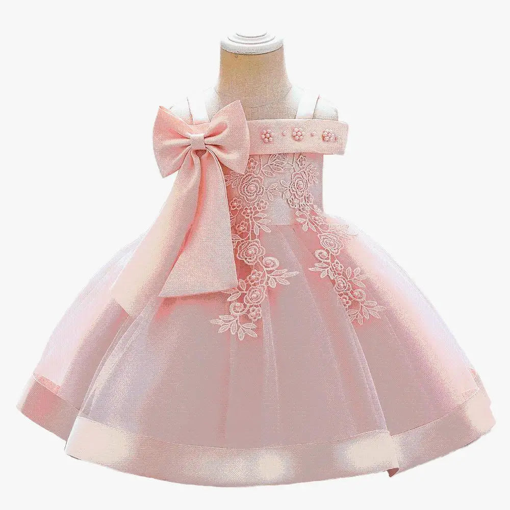 Girls' bow embroidery ball gown by Showlu Fashion Store featuring an elegant wedding party dress with a full skirt and decorative bow.