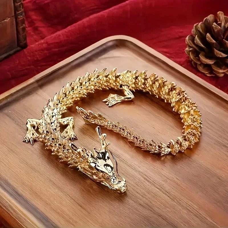 Golden alloy 3D dragon statue by Showlu Fashion Store, movable desktop decor with intricate dragon design and detailed features.