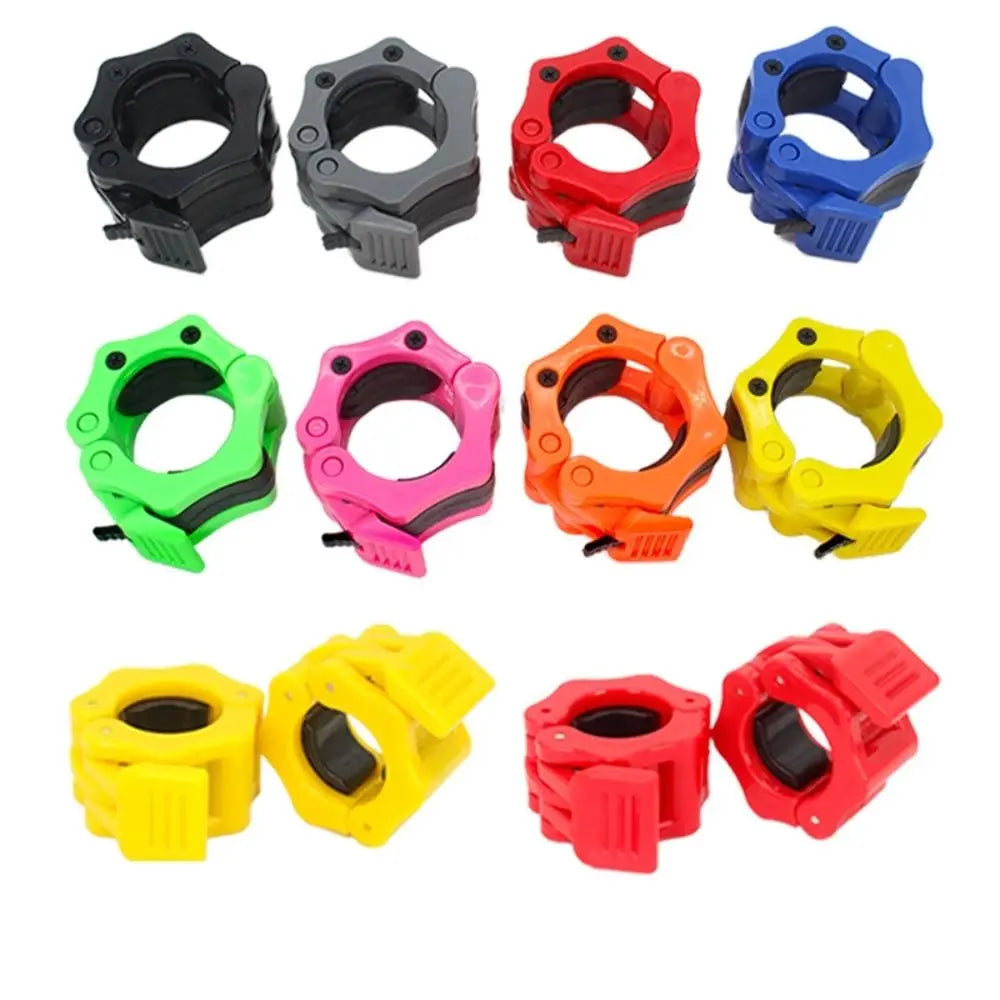 Pair of Showlu Fitness barbell clamps with quick release hexagon spin locks for secure weightlifting barbell collars.