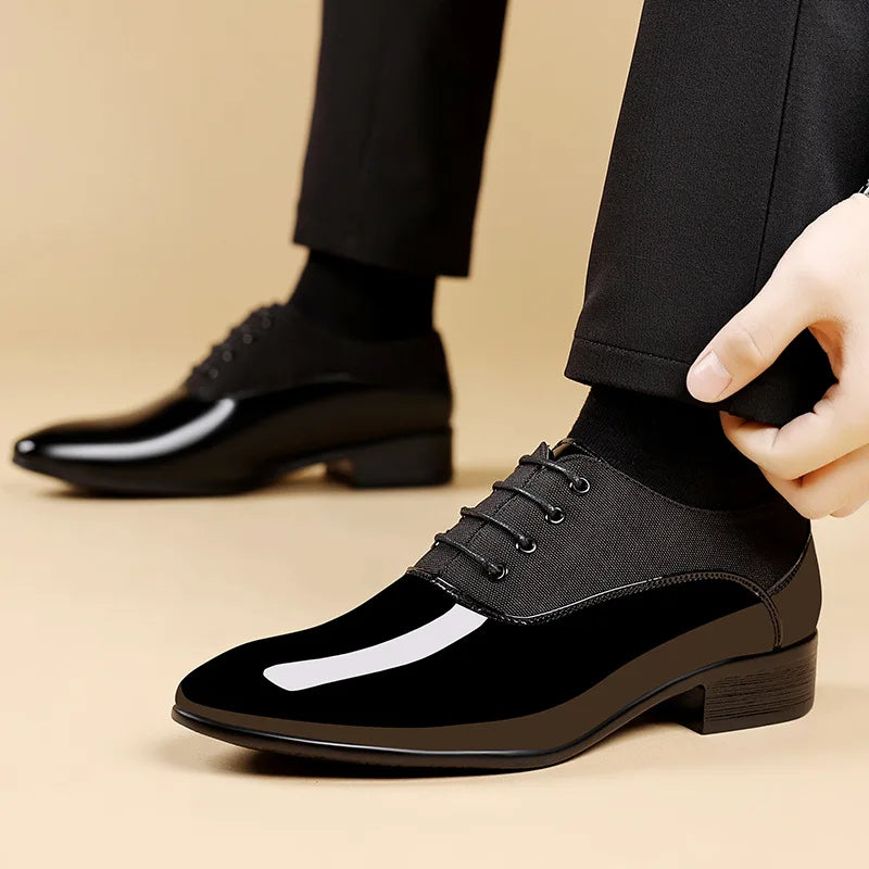 Men's black patent leather Oxford dress shoes with pointed toes, ideal for weddings and formal occasions.