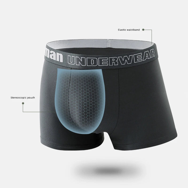 Set of four men's cotton boxer briefs in black, available in L to 4XL, featuring breathable, comfortable fit for sports and everyday wear.
