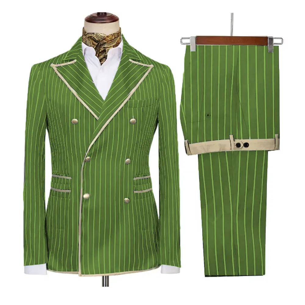 Men's high-end striped double-breasted blazer and pants suit with peak lapel, slim fit, smart casual and formal style.