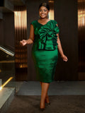 Dark green plus size bodycon party dress with 3D floral details and knee length, perfect for stylish evening events.
