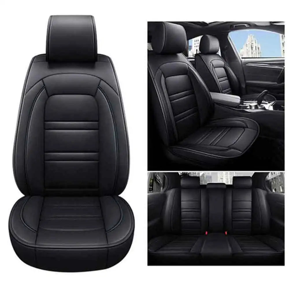 Showlu Universal 5-seat PU leather car seat covers set with full protection, fitted for vehicle seats with stylish black design.