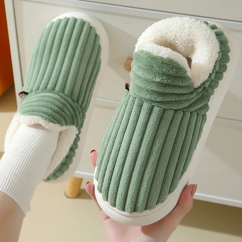 Showlu Fashion men's winter slippers with plush cotton and fur lining, indoor casual soft furry house slippers for men