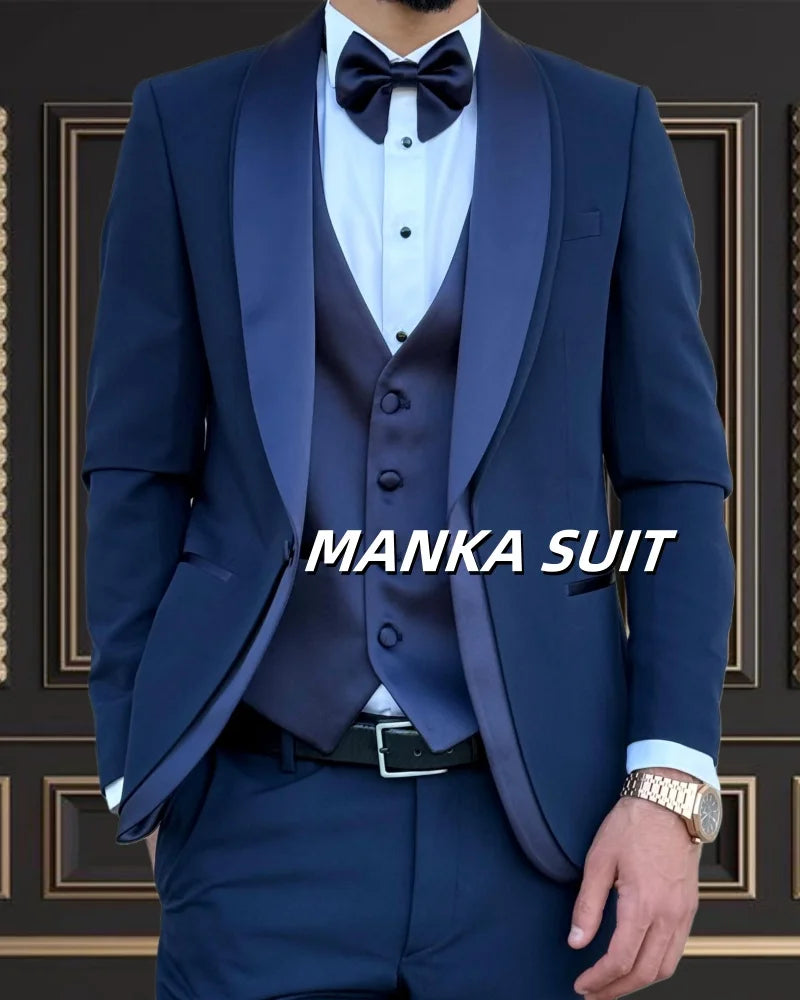 Elegant men's tuxedo suit with shawl lapel, single-breasted blazer, vest, and pants, tailored for wedding and formal occasions.