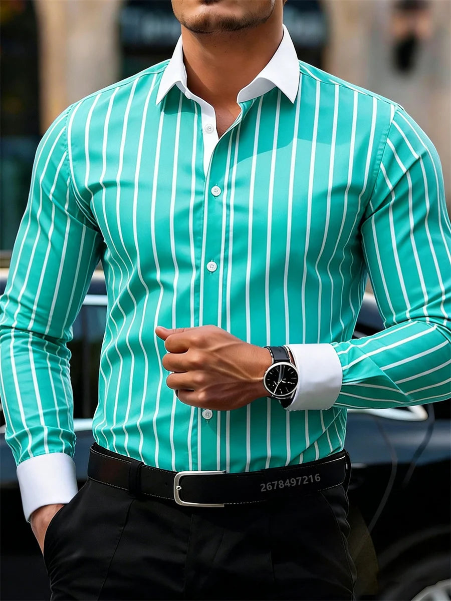 Men's business casual striped long-sleeved shirt with lapel and contrasting color splicing, stylish men's casual top from Showlu Fashion.
