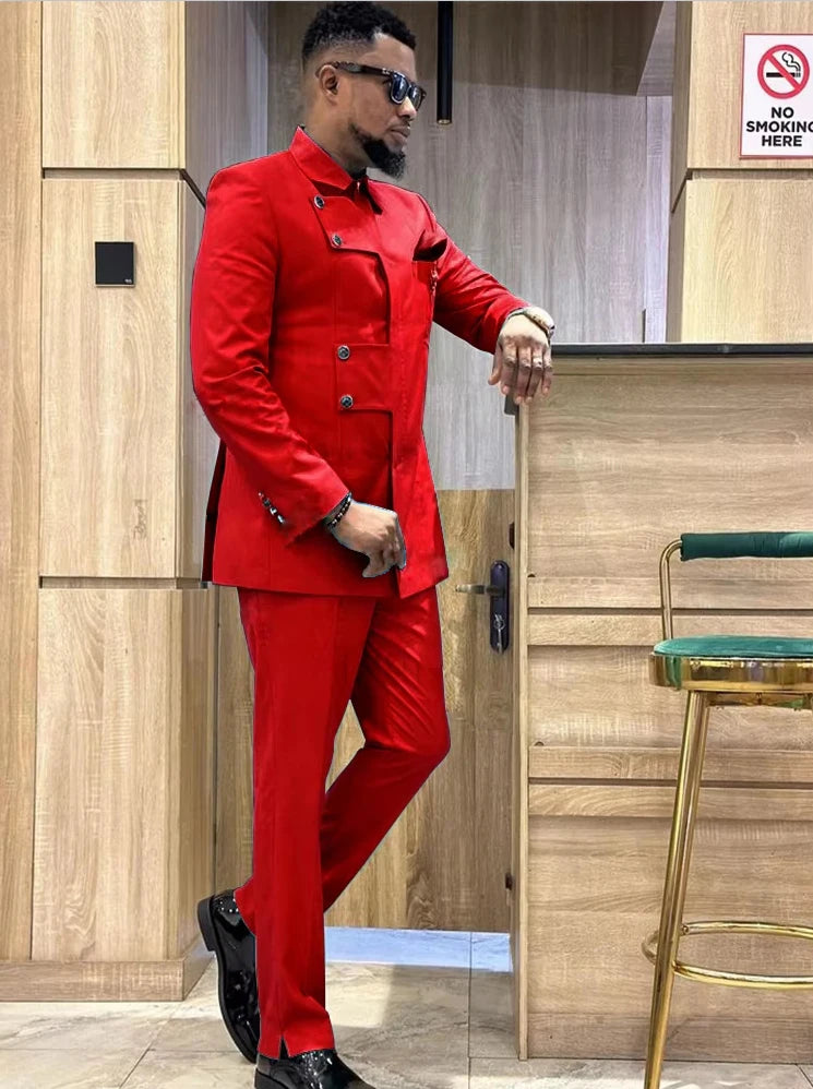 Slim fit Italian style 2-piece suit by Showlu Fashion, featuring single-breasted serge fabric, tailored for a modern, sharp look.