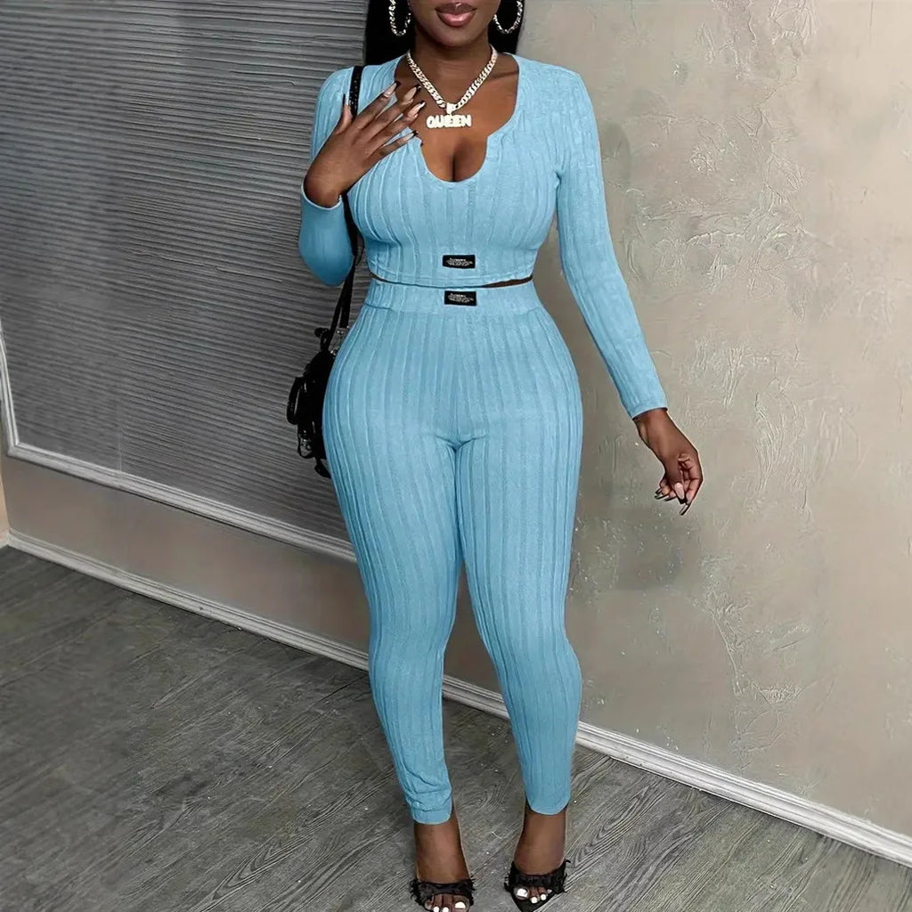 Two-piece women's autumn winter matching set with top and pants, stylish and comfortable fashion outfit by Showlu Fashion.