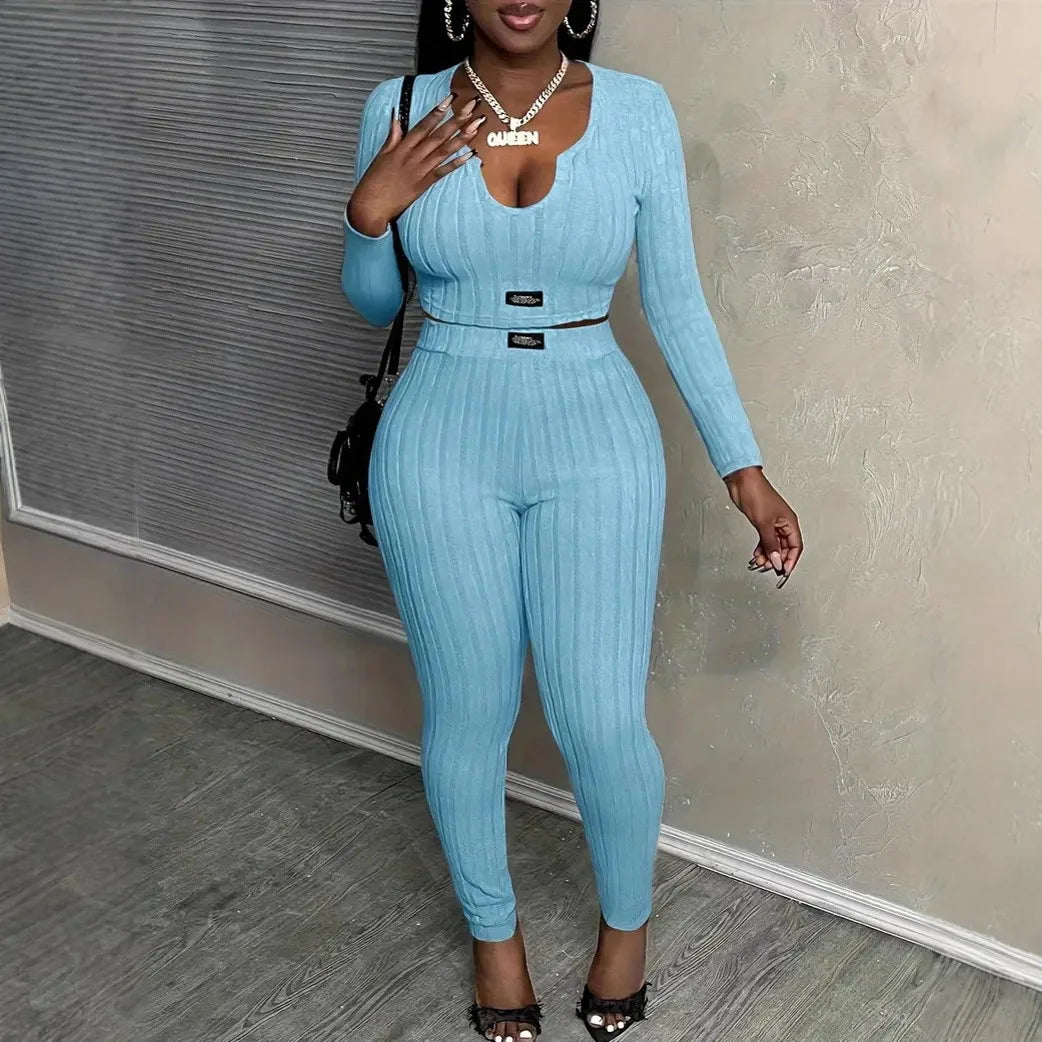 Two-piece women's autumn winter matching set with top and pants, stylish and comfortable fashion outfit by Showlu Fashion.