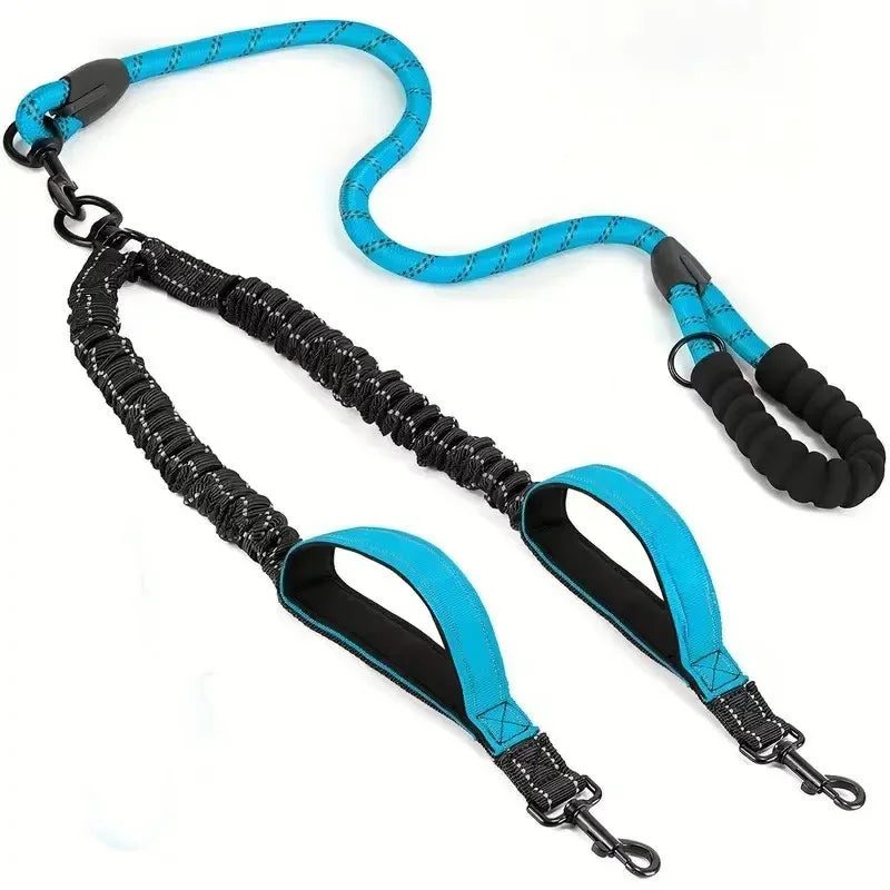 Reflective double dog leash by Showlu Fashion Store, made of no-tangle nylon for secure walking with two dogs.