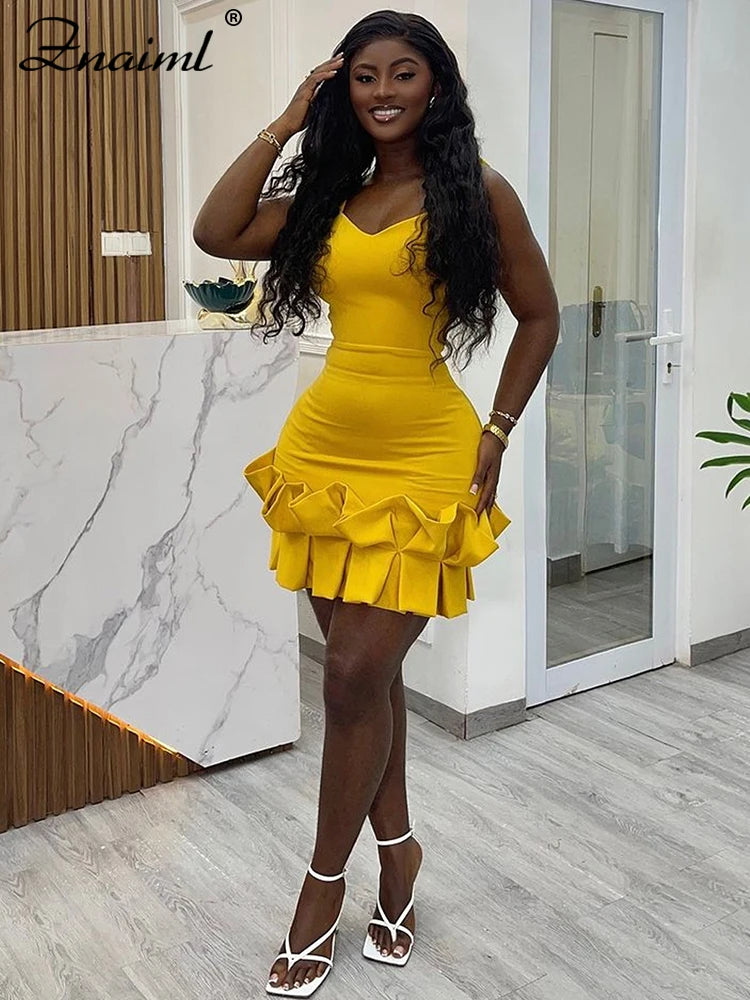 Yellow sexy ruffle bodycon mini dress with spaghetti straps, V-neck, backless design, perfect for prom, birthday, or evening events.