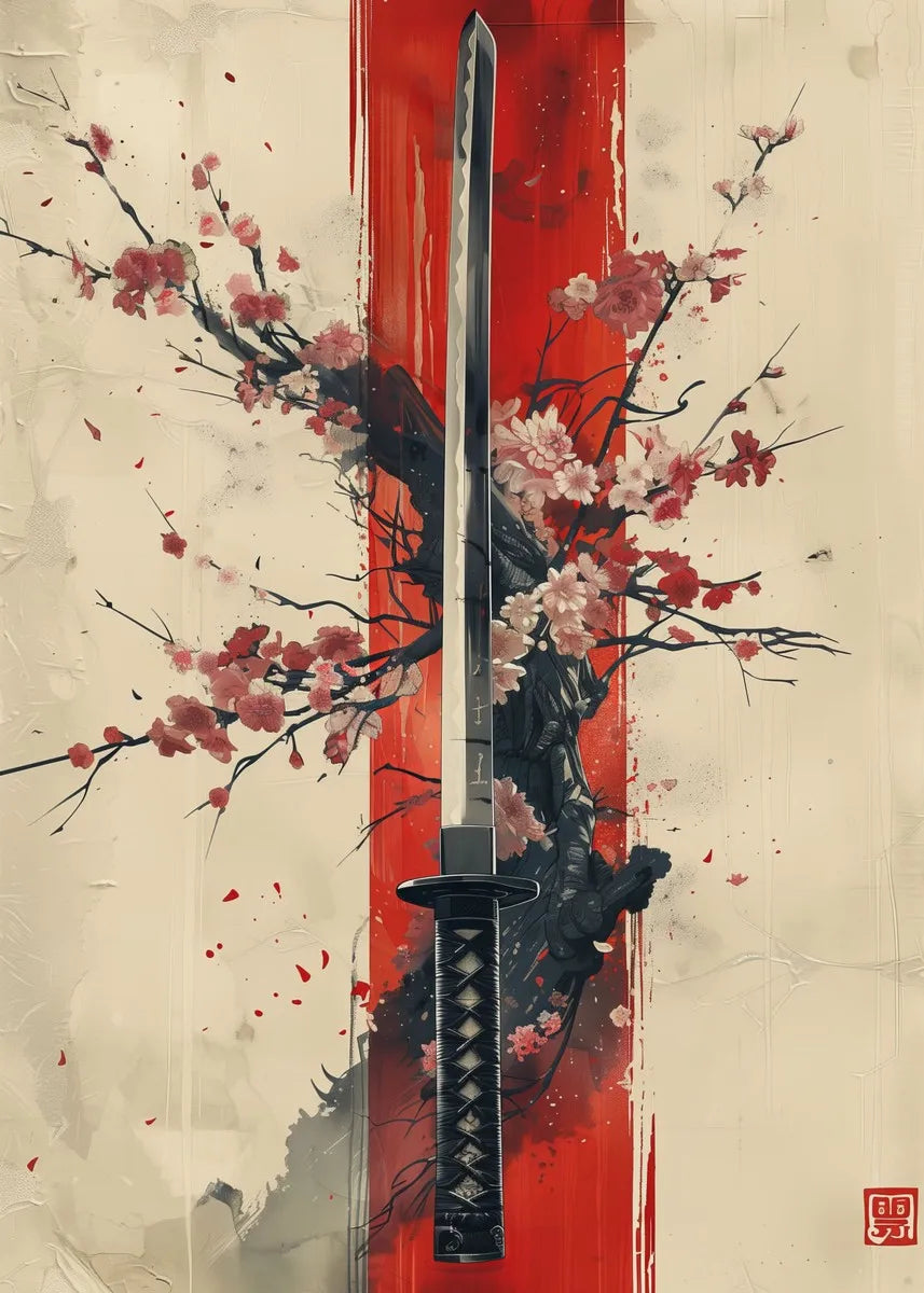 Japanese landscape art poster featuring samurai, geisha, bonsai, torii gate, sakura, and traditional scenery for home decor.